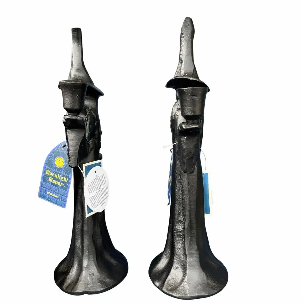 Moonlight Manor Witch Candle Holder Pair Black Metal Halloween Gothic Taper NWT